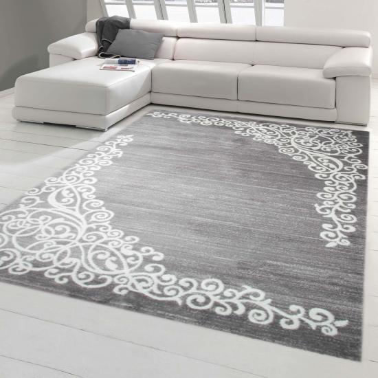 Moderner Teppich Designer Teppich Orientteppich mit Glitzer Wohnzimmer Teppich mit Floral Muster Meliert in Grau Creme