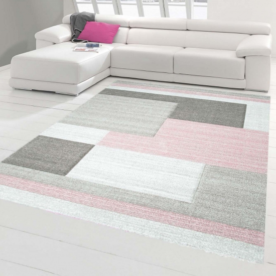 Designer Teppich Moderner Teppich Wohnzimmer Teppich Kurzflor Teppich mit Konturenschnitt Karo Muster Pastellfarben Rosa Creme Beige