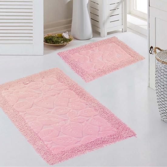 Badezimmerteppich Set 2-teilig Blätter Design rutschfest waschbar - Pink