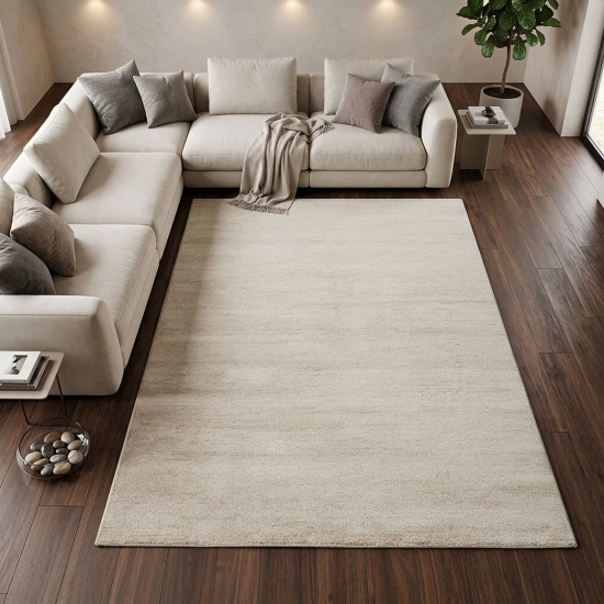 Moderner Kurzflor Teppich in Creme mit weicher Wolloptik fürs Wohnen