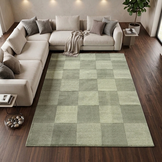 Kurzflor Teppich Grün mit modernem Karomuster und weicher Wolloptik