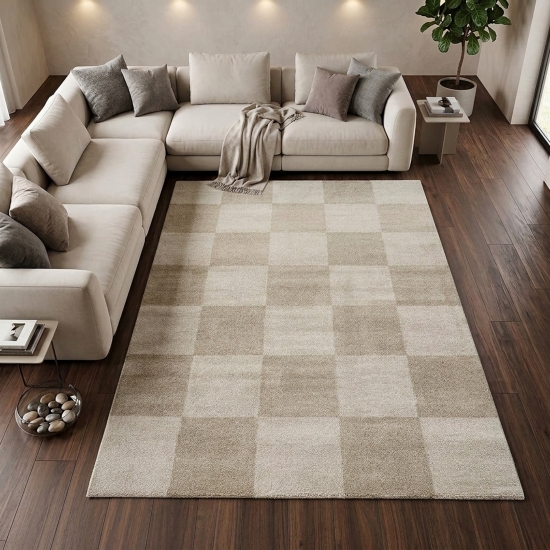 Kurzflor Teppich Beige mit sanftem Karomuster und weicher Wolloptik