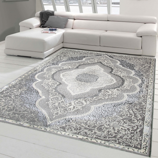 Orient Teppich mit Verzierungen Hoch-Tief Effekt grau beige