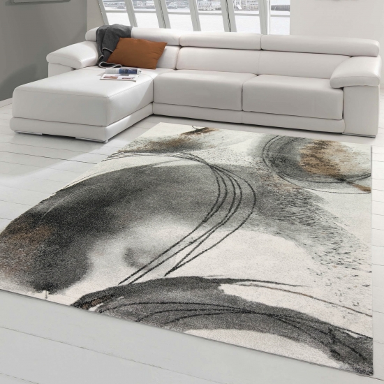 Modern abstrakter Wohnzimmerteppich mit Kreisformen in creme-grau