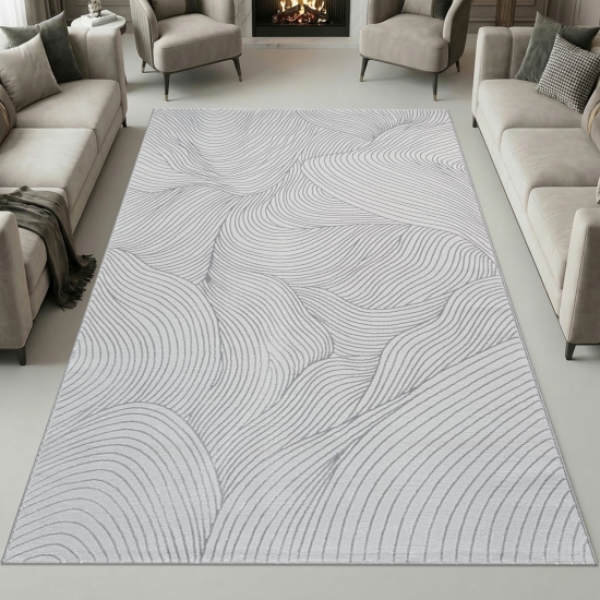 Teppich Silber Wellenmuster weich modern für Wohnzimmer