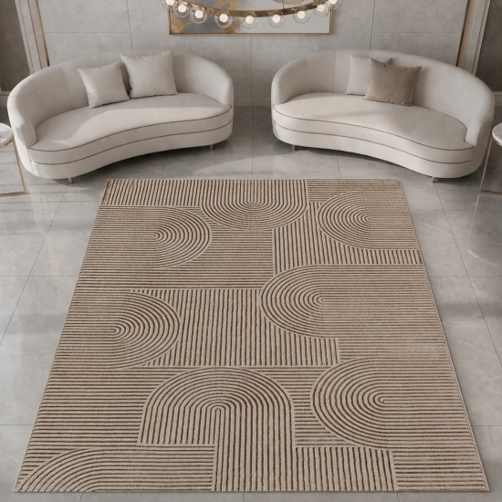 Teppich Beige Linien Muster modern Wohnzimmer