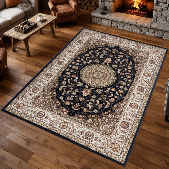 Teppich Dunkelblau Creme mit Medaillon und floraler Bordüre Design