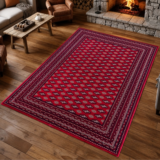 Teppich Rot mit geometrischem Allover Muster und breiter Bordüre