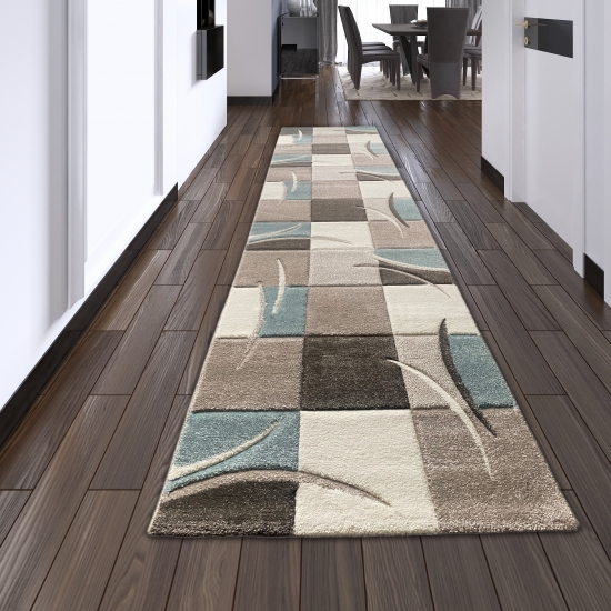 Designer Teppich Moderner Teppich Wohnzimmer Teppich Kurzflor Teppich mit Konturenschnitt Karo Muster Pastellfarben Blau Creme Beige Dunkelgrau