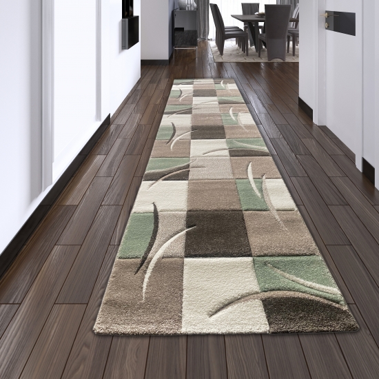 Designer Teppich Moderner Teppich Wohnzimmer Teppich Kurzflor Teppich mit Konturenschnitt Karo Muster Pastellfarben Grün Creme Beige Dunkelgrau
