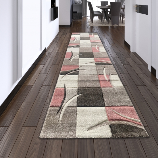 Designer Teppich Moderner Teppich Wohnzimmer Teppich Kurzflor Teppich mit Konturenschnitt Karo Muster Pastellfarben Rosa Creme Beige Dunkelgrau