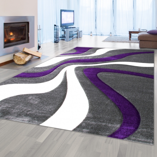 Wellenmuster Designer Teppich in lila grau weiß | pflegeleicht