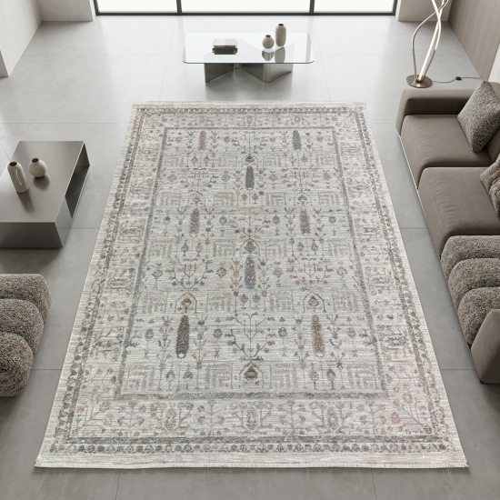 Teppich Creme mit floraler Ornamentik, Fransen und modernem Design