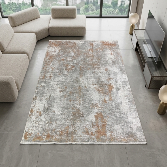 Teppich Kupfer Grau Creme mit abstraktem Muster und Fransen modern