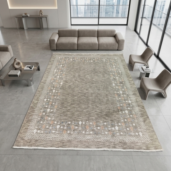 Teppich Dunkelbeige mit Bordürenmuster, Fransen und modernem Design