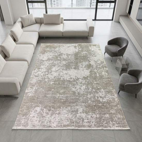 Teppich Beige Creme mit abstraktem Muster, Fransen und modernem Design
