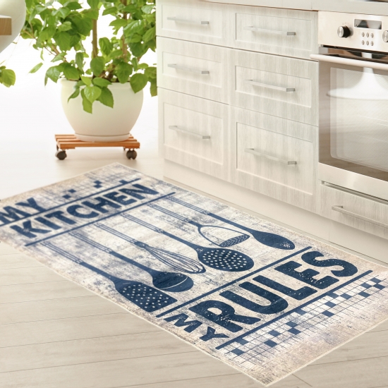 Küchenläufer Teppich waschbar mit Kochutensilien und Schriftzug
