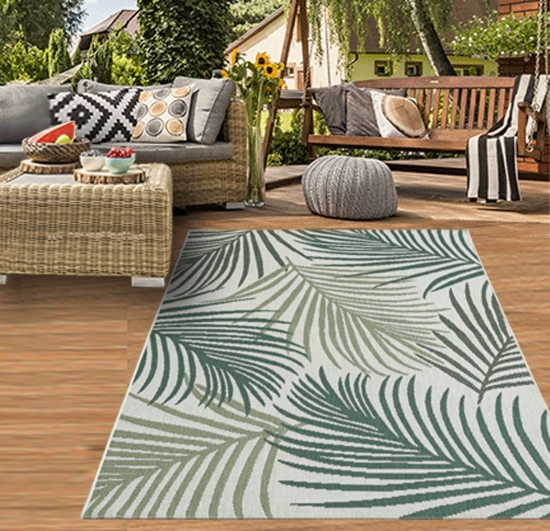 In- & Outdoor Teppich Sisal Optik Balkon Küche Wohnzimmer Terrasse Palmenzweige in grün auf sandfarbe
