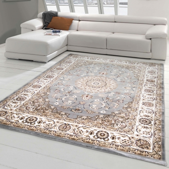 Orientalischer Teppich mit eleganten Verzierungen in creme grau