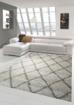 Preview: Shaggy Wohnzimmerteppich Hochflor Langflor Rautenmuster in Creme Beige