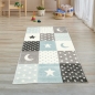 Preview: Kinderzimmer Teppich Spiel & Baby Teppich Punkte Sterne Mond Design in blau türkis grau creme