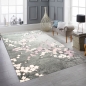 Preview: Teppich modern Wohnzimmer Teppich mit Blumenmotiv Pink Grau