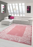 Preview: Designer Teppich Moderner Teppich Wohnzimmer Teppich Kurzflor Teppich mit Bordüre Pastellfarben Rosa Creme
