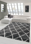 Preview: Shaggy Wohnzimmerteppich Hochflor Langflor Rautenmuster in Grau Creme