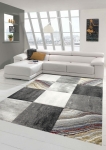 Preview: Teppich modern Teppich Wohnzimmer Karo Design in grau gold rot