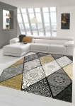 Preview: Teppich modern Teppich Wohnzimmer Rauten mit Ornamenten in grau senfgelb creme