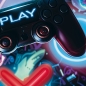 Preview: Gaming-Teppich mit lebendigen neon-farbigen Symbolen und schwebendem Controller