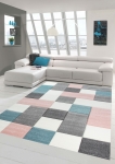 Preview: Wohnzimmer Teppich Design mit Karo Muster in Rosa Grau Türkis