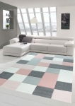 Preview: Designer und  Moderner Teppich mit Karo Muster in Rosa Grau Creme