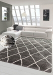 Preview: Teppich Shaggy Langflor Hochflor Teppich Rautenmuster in grau creme