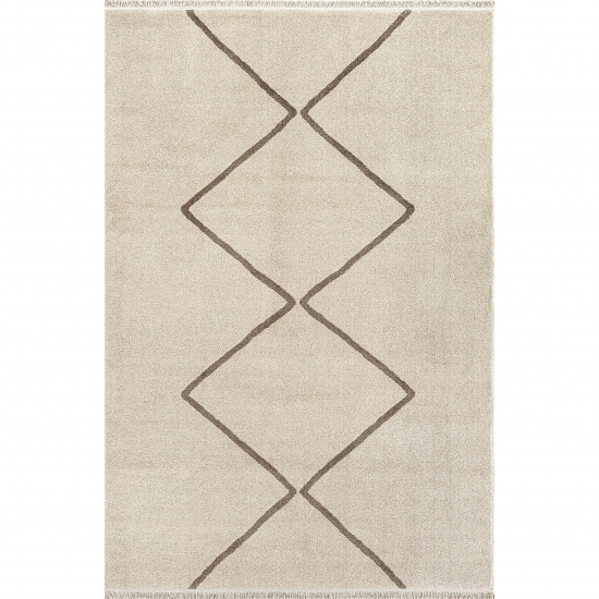 Kurzflor Teppich Creme Braun mit geometrischem Rautenmuster und Fransen