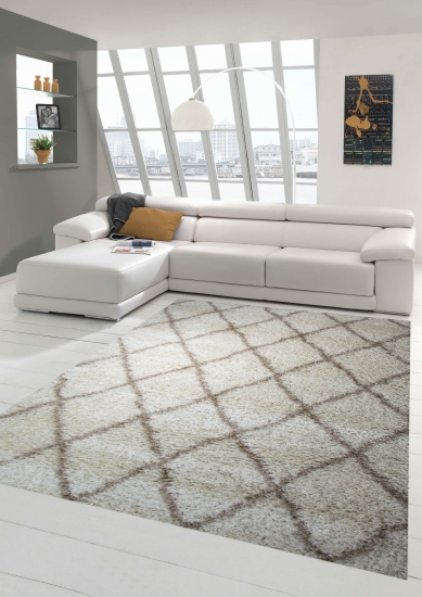 Shaggy Wohnzimmerteppich Hochflor Langflor Rautenmuster in Creme Beige