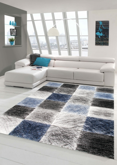 Designer und Moderner Teppich Wohnzimmerteppich in Blau Grau Schwarz