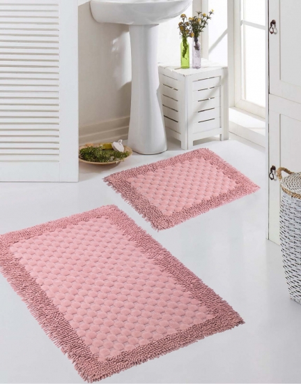 Badezimmerteppich Set 2-teilig Kreis-Muster rutschfest waschbar - rosa