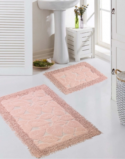 Badezimmerteppich Set 2-teilig Blätter Design rutschfest waschbar - rosa