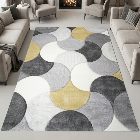 Moderner Teppichläufer grau creme gelb mit Konturenschnitt für Flur