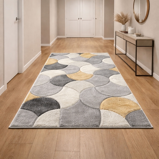 Preview: Moderner Teppichläufer grau creme gelb mit Konturenschnitt für Flur