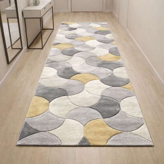 Preview: Moderner Teppichläufer grau creme gelb mit Konturenschnitt für Flur