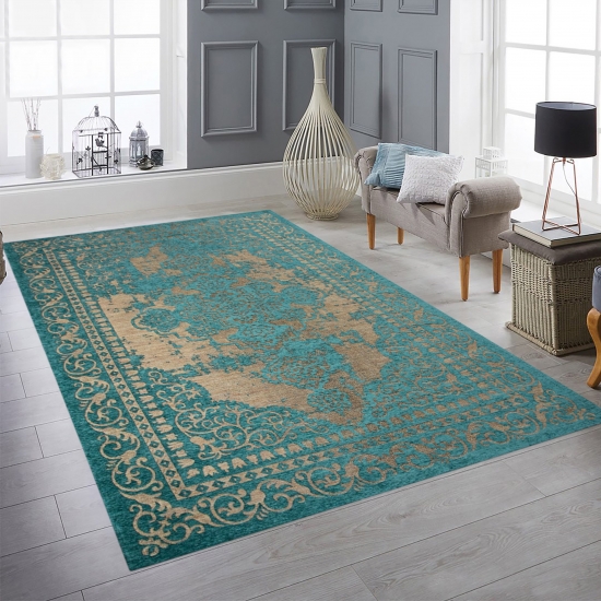 Wohnzimmer Teppich türkis beige klassisch modern mit Bordüre pflegeleicht