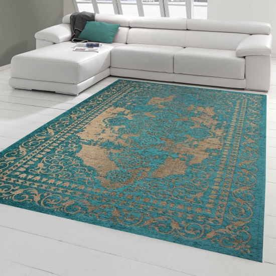 Moderner Teppich Designer Teppich Orientteppich Wohnzimmer Teppich mit Bordüre in Türkis Beige