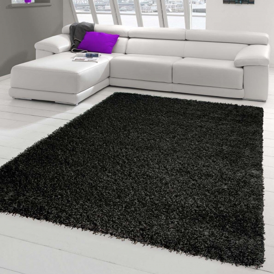 Moderner Shaggy Teppich Langflor - Uni Design in Schwarz