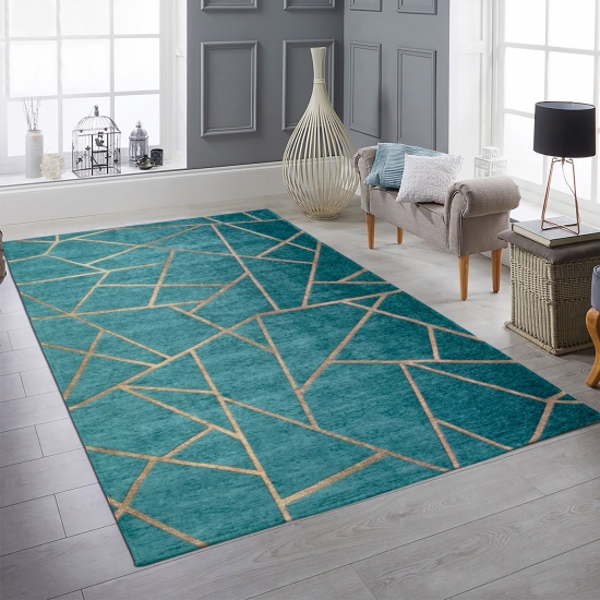 Wohnzimmerteppich mit geometrischem Muster in petrol gold