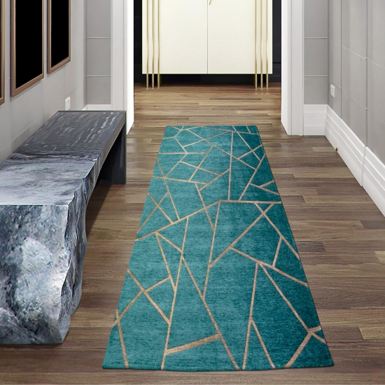 Preview: Wohnzimmerteppich mit geometrischem Muster in petrol gold Preview: Wohnzimmerteppich mit geometrischem Muster in petrol gold