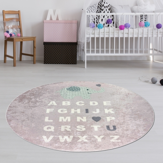 Preview: Kinderteppich ABC Lernteppich Alphabet Spielteppich mit Elefant in Rosa