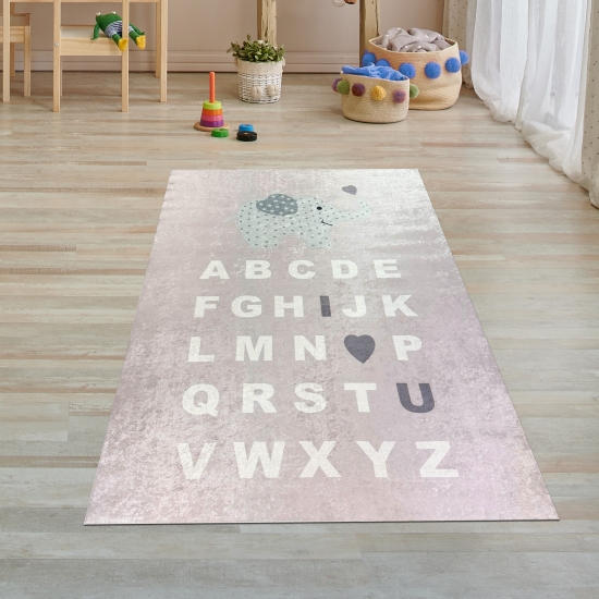 Preview: Kinderteppich ABC Lernteppich Alphabet Spielteppich mit Elefant in Rosa