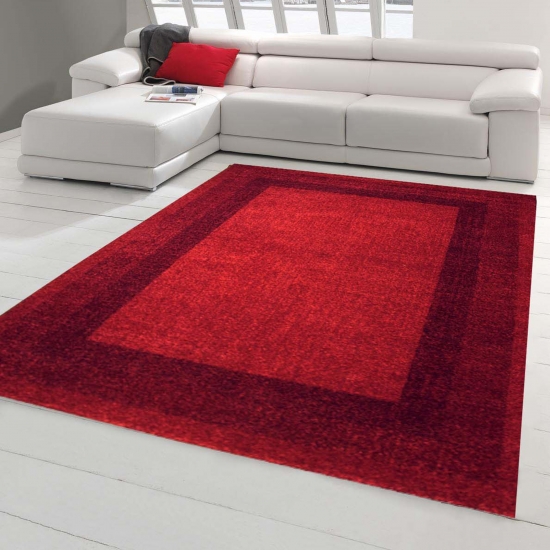 Designer Teppich Moderner Teppich Wohnzimmer Teppich Velours Kurzflor Teppich mit Winchester Bordüre in Rot